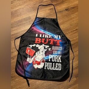 Source Unknown Black BBQ Apron with Red and White Text and Pig Graphic